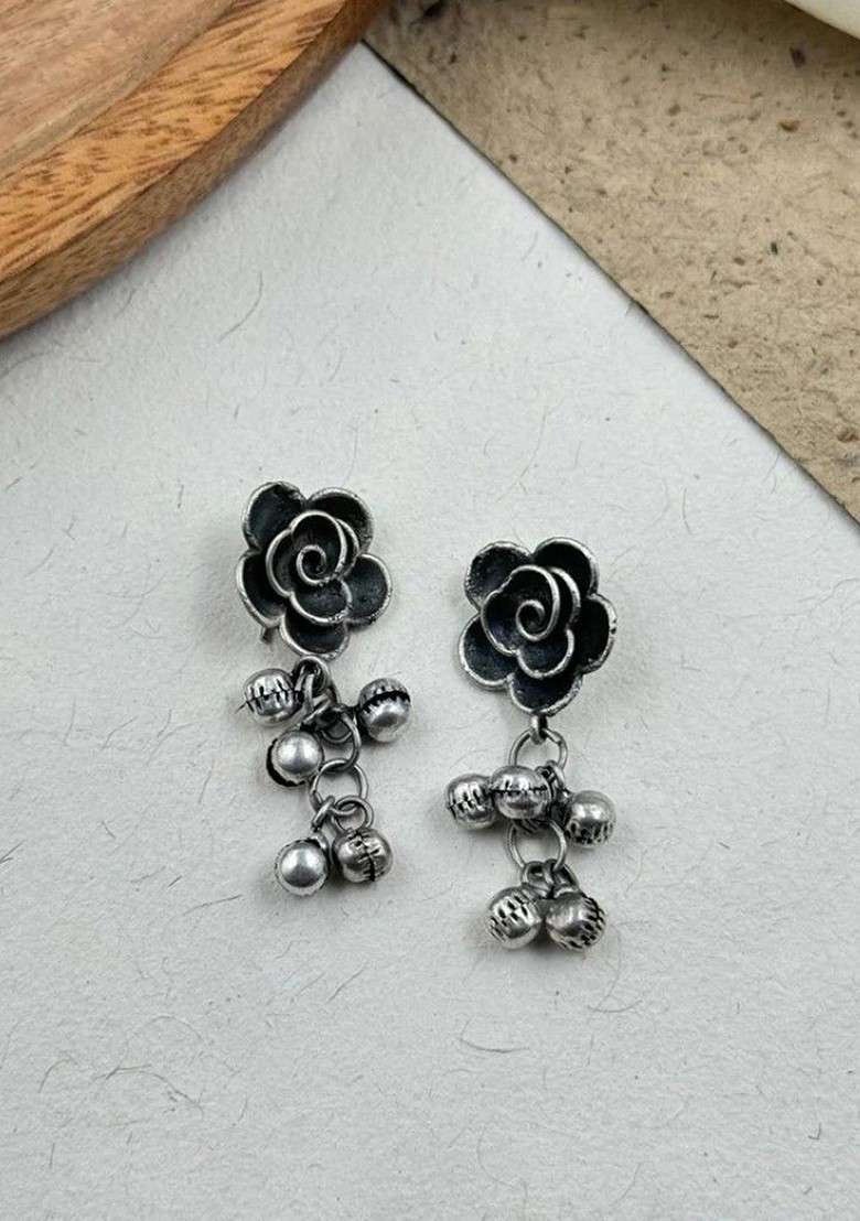 Silver Plated Floral Shaped Oxidised Drop Earrings - Indya