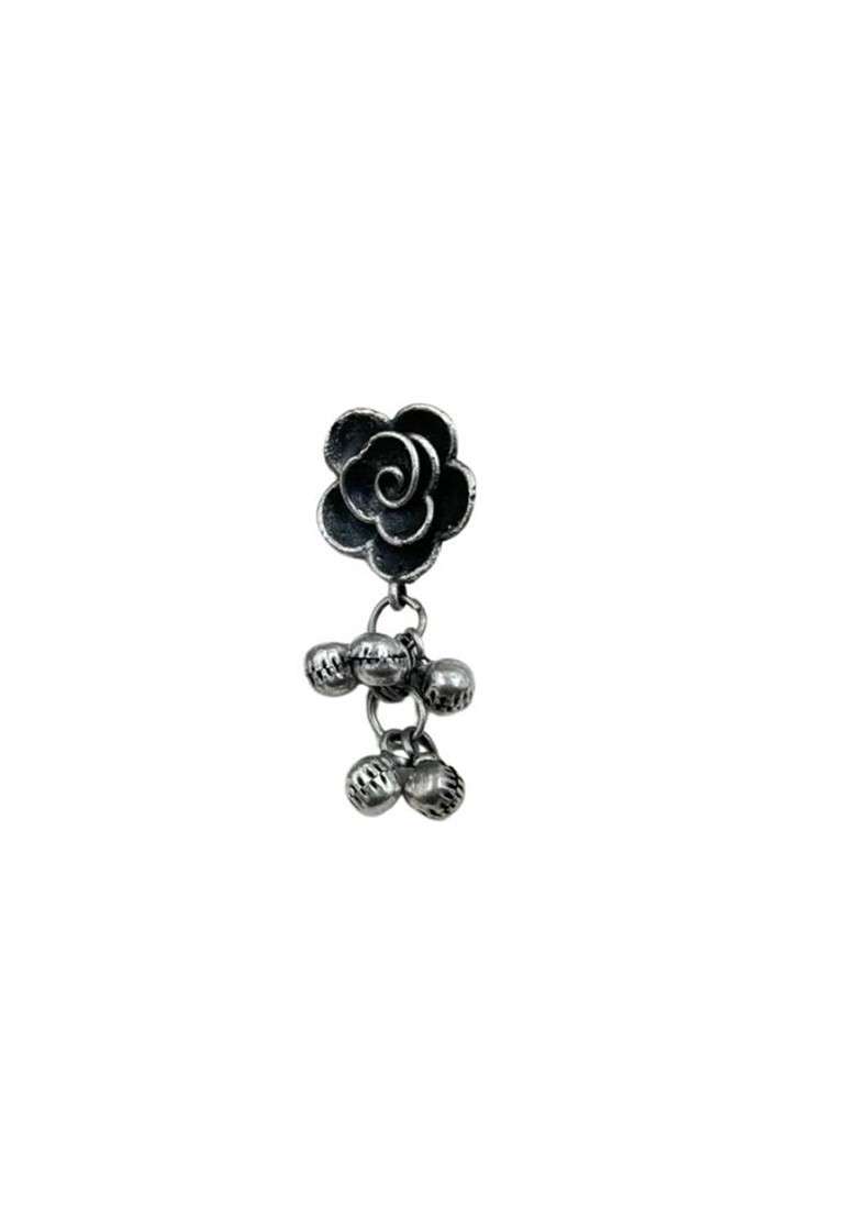 Silver Plated Floral Shaped Oxidised Drop Earrings - Indya