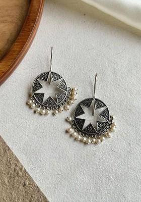 Silver Plated Artificial Beaded Circular Shaped Oxidised Drop Earrings