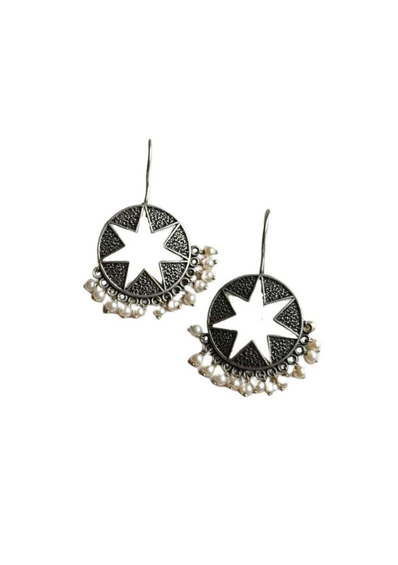 Silver Plated Artificial Beaded Circular Shaped Oxidised Drop Earrings