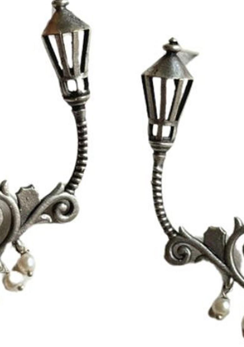 Silver Plated Pearls Studded Contemporary Oxidised Drop Earrings