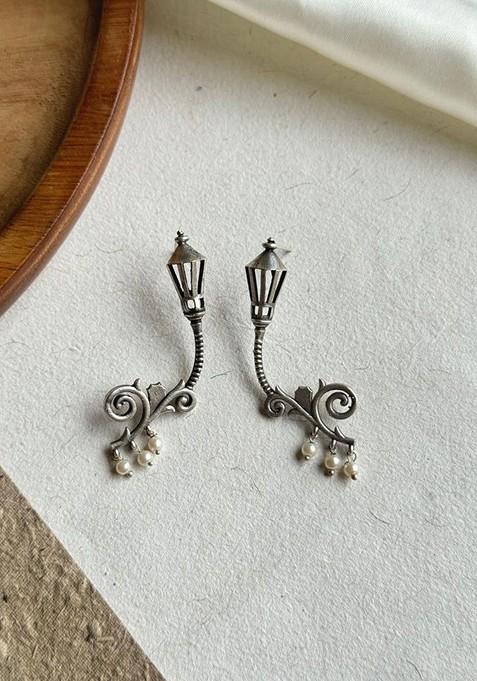 Silver Plated Pearls Studded Contemporary Oxidised Drop Earrings