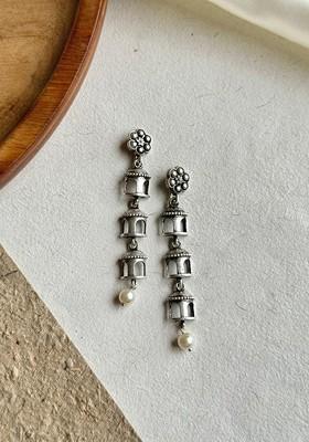 Silver Plated Oxidised Contemporary Drop Earrings - Indya