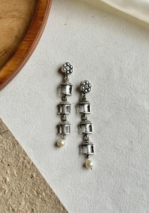 Silver Plated Oxidised Contemporary Drop Earrings