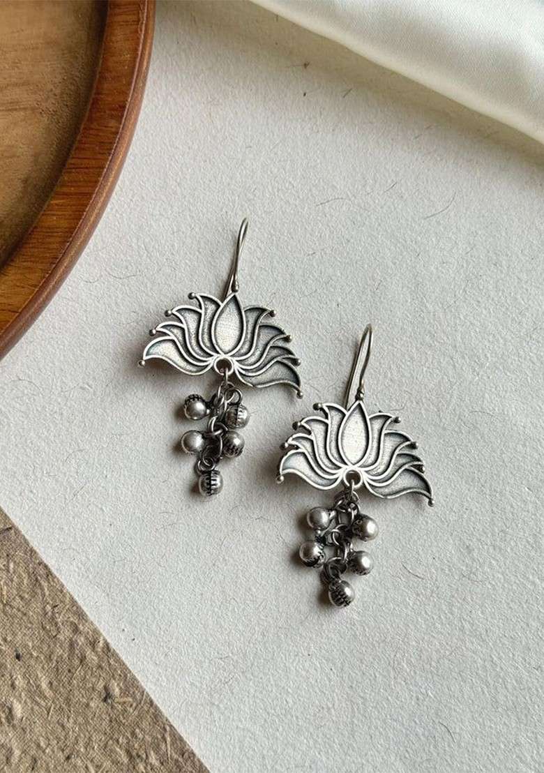 Silver Plated Floral Shaped Oxidised Drop Earrings - Indya