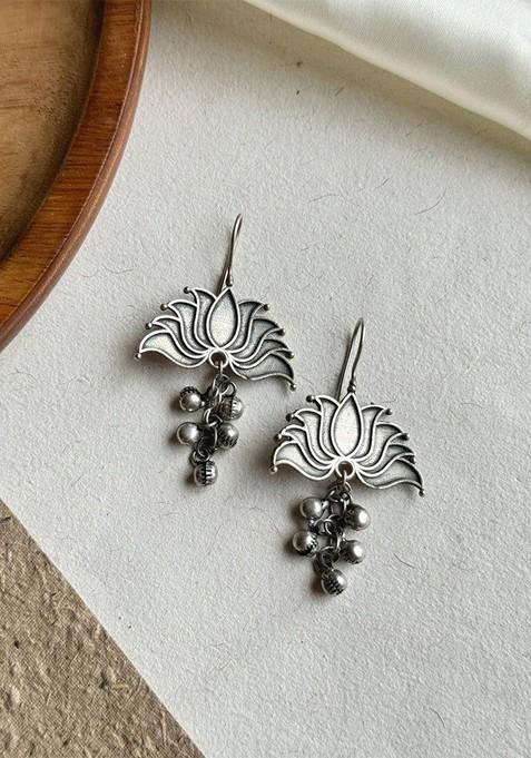 Silver Plated Floral Shaped Oxidised Drop Earrings