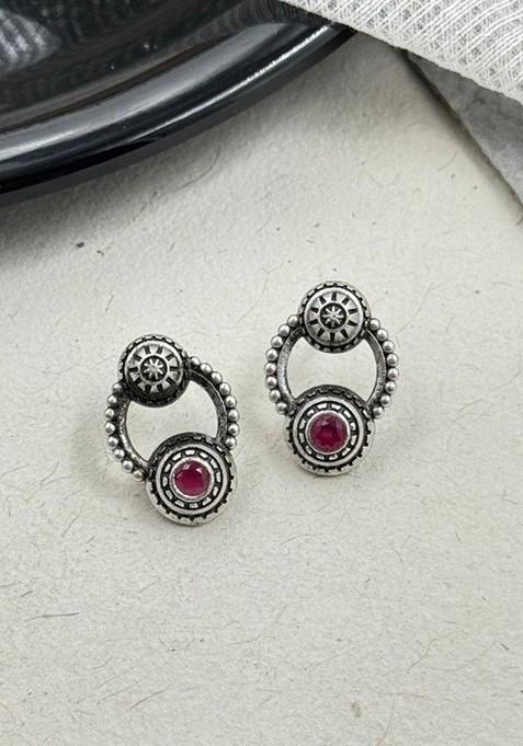 Silver Plated Artificial Stones Studded Circular Shaped Oxidised Drop Earrings
