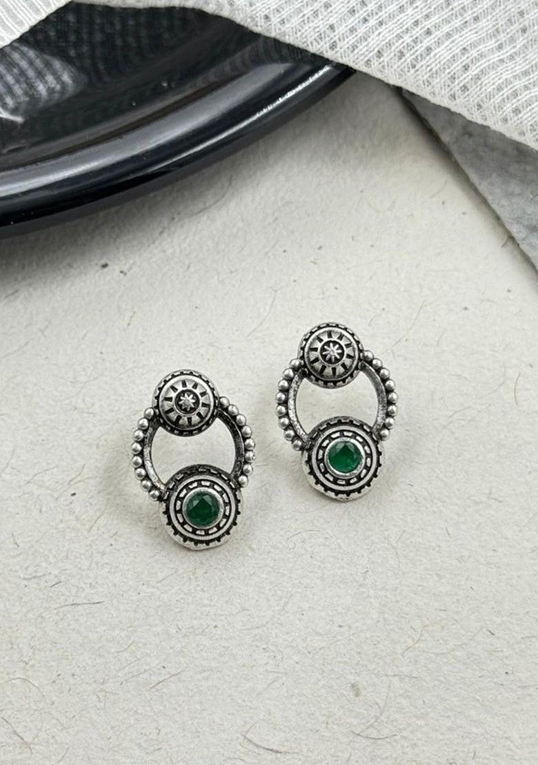 Silver Plated Artificial Stones Studded Circular Shaped Oxidised Drop Earrings