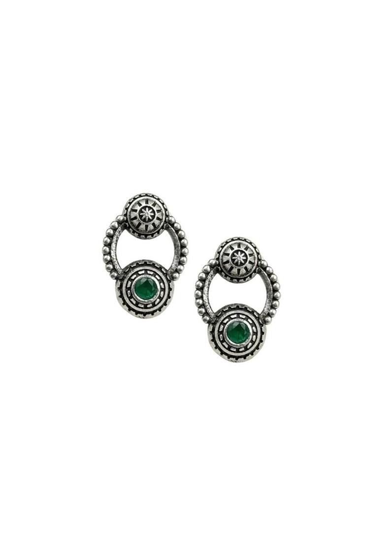 Silver Plated Artificial Stones Studded Circular Shaped Oxidised Drop Earrings