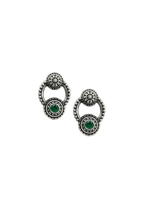 Silver Plated Artificial Stones Studded Circular Shaped Oxidised Drop Earrings