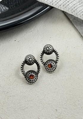 Silver Plated Artificial Stones Studded Circular Shaped Oxidised Drop Earrings