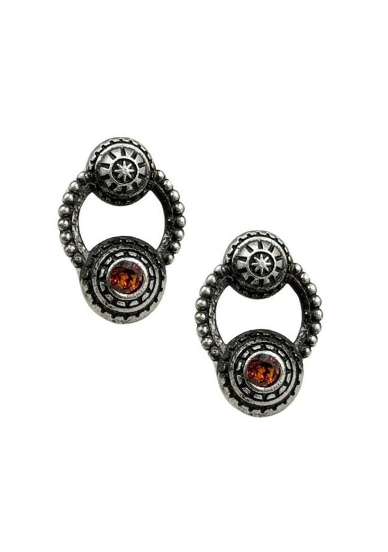 Silver Plated Artificial Stones Studded Circular Shaped Oxidised Drop Earrings
