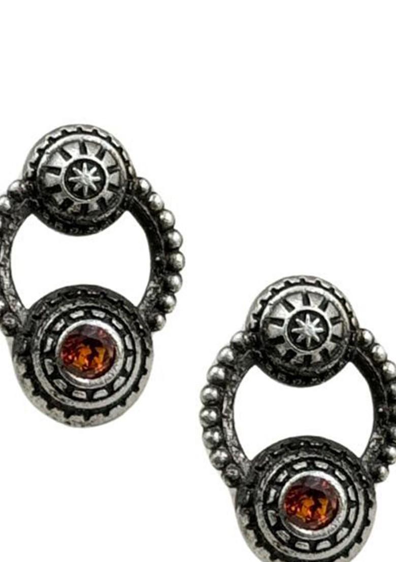 Silver Plated Artificial Stones Studded Circular Shaped Oxidised Drop Earrings