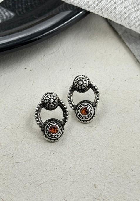 Silver Plated Artificial Stones Studded Circular Shaped Oxidised Drop Earrings