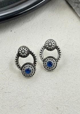 Silver Plated Artificial Stones Studded Circular Shaped Oxidised Drop Earrings