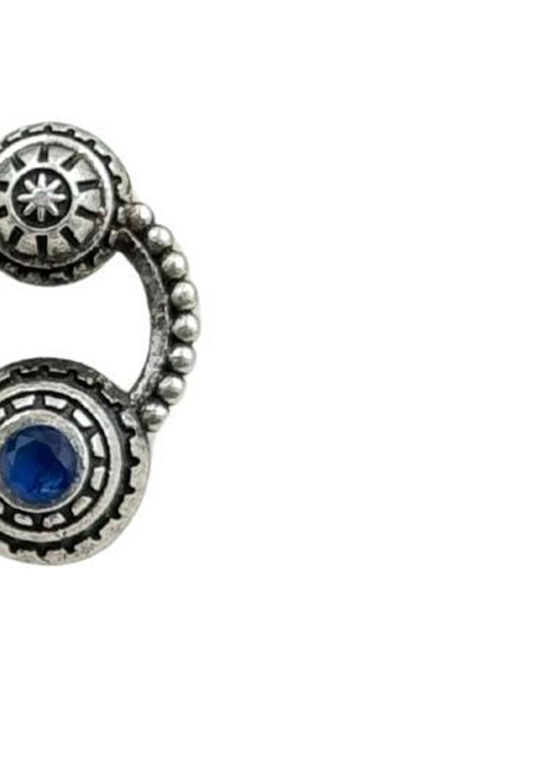 Silver Plated Artificial Stones Studded Circular Shaped Oxidised Drop Earrings