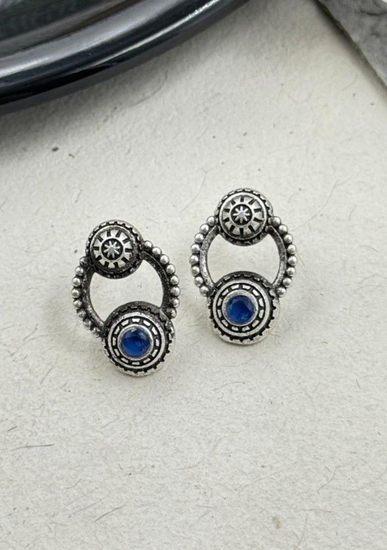 Silver Plated Artificial Stones Studded Circular Shaped Oxidised Drop Earrings