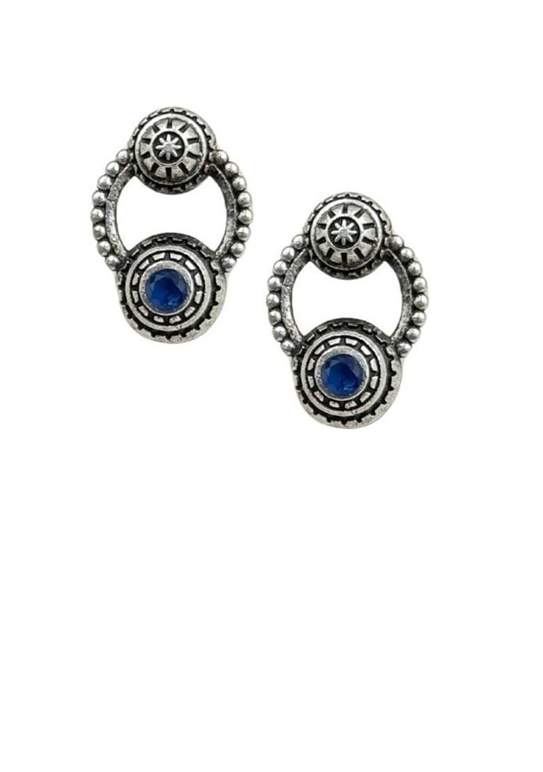 Silver Plated Artificial Stones Studded Circular Shaped Oxidised Drop Earrings