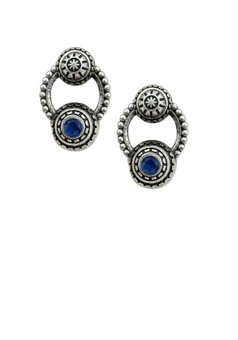 Silver Plated Artificial Stones Studded Circular Shaped Oxidised Drop Earrings