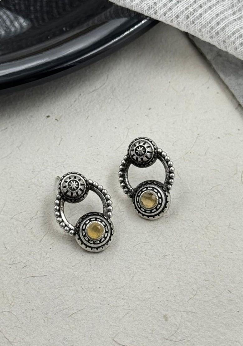 Silver Plated Artificial Stones Studded Circular Shaped Oxidised Drop Earrings