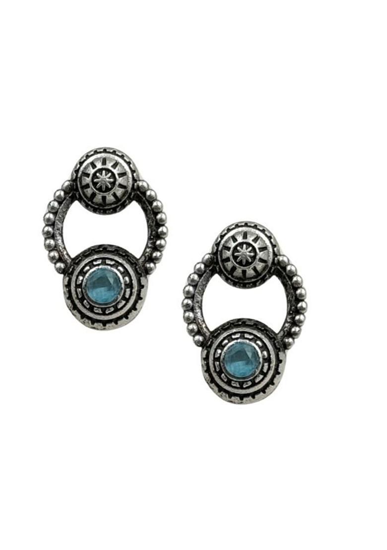 Silver Plated Artificial Stones Studded Circular Shaped Oxidised Drop Earrings