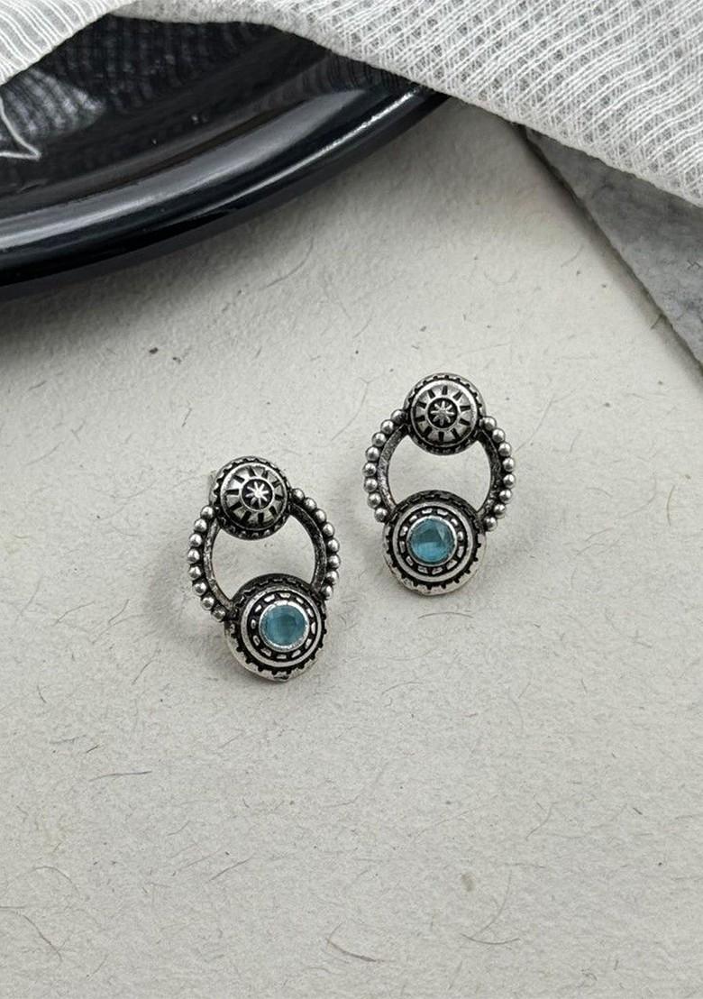 Silver Plated Artificial Stones Studded Circular Shaped Oxidised Drop Earrings