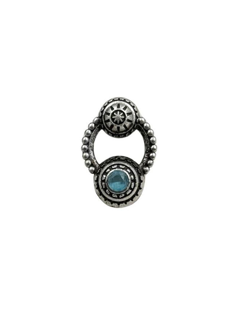 Silver Plated Artificial Stones Studded Circular Shaped Oxidised Drop Earrings