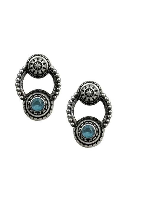 Silver Plated Artificial Stones Studded Circular Shaped Oxidised Drop Earrings