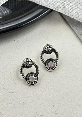 Silver Plated Artificial Stones Studded Circular Shaped Oxidised Drop Earrings