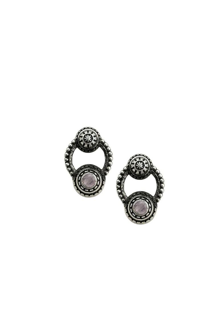 Silver Plated Artificial Stones Studded Circular Shaped Oxidised Drop Earrings
