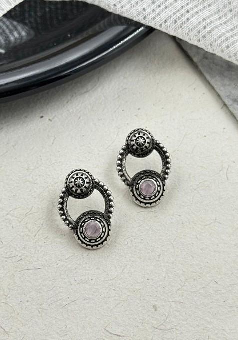 Silver Plated Artificial Stones Studded Circular Shaped Oxidised Drop Earrings