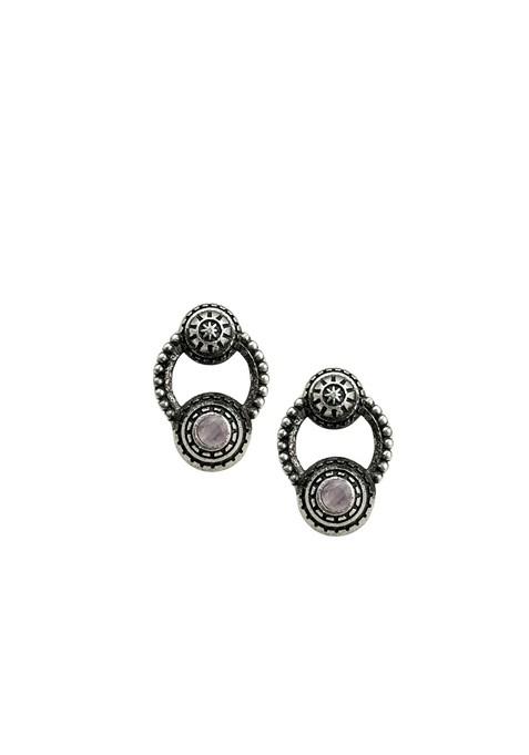 Silver Plated Artificial Stones Studded Circular Shaped Oxidised Drop Earrings