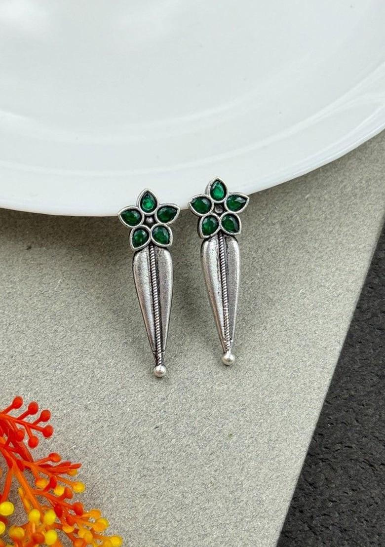Silver Plated Stones Studded And Beaded Floral Shaped Oxidised Drop Earrings