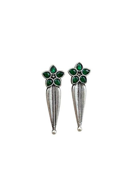 Silver Plated Stones Studded And Beaded Floral Shaped Oxidised Drop Earrings