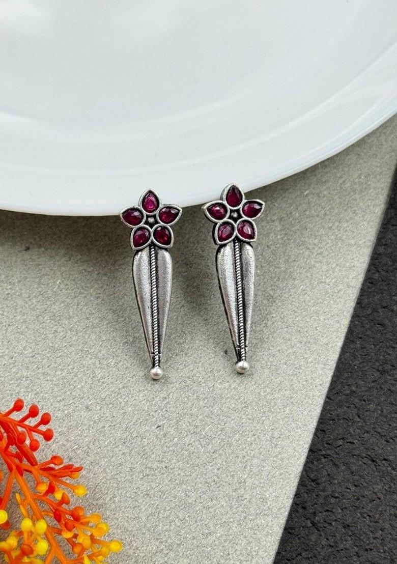 Silver Plated Artificial Stones Studded Floral Shaped Oxidised Drop Earrings