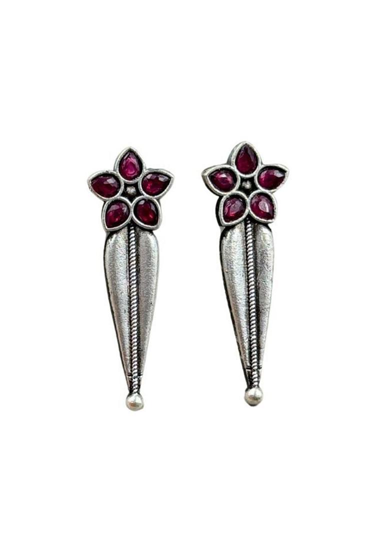 Silver Plated Artificial Stones Studded Floral Shaped Oxidised Drop Earrings