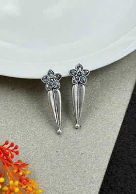 Silver Plated Stones Studded And Beaded Floral Shaped Oxidised Drop Earrings