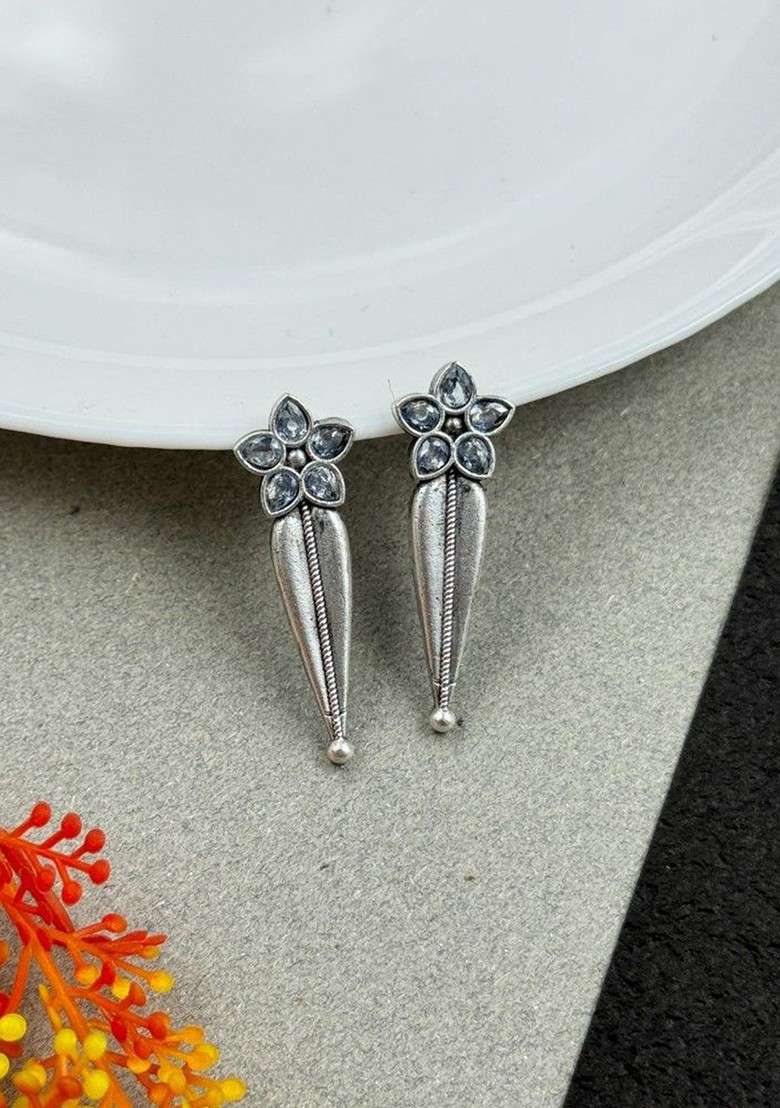 Silver Plated Stones Studded And Beaded Floral Shaped Oxidised Drop Earrings - Indya