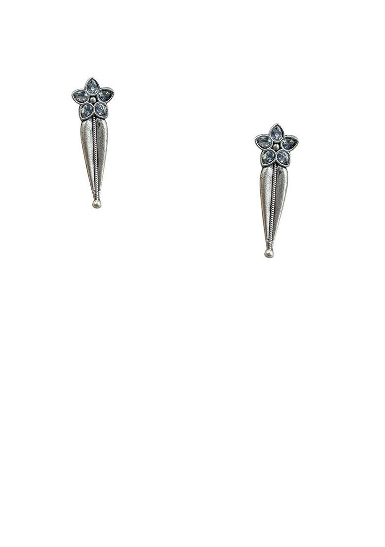 Silver Plated Stones Studded And Beaded Floral Shaped Oxidised Drop Earrings