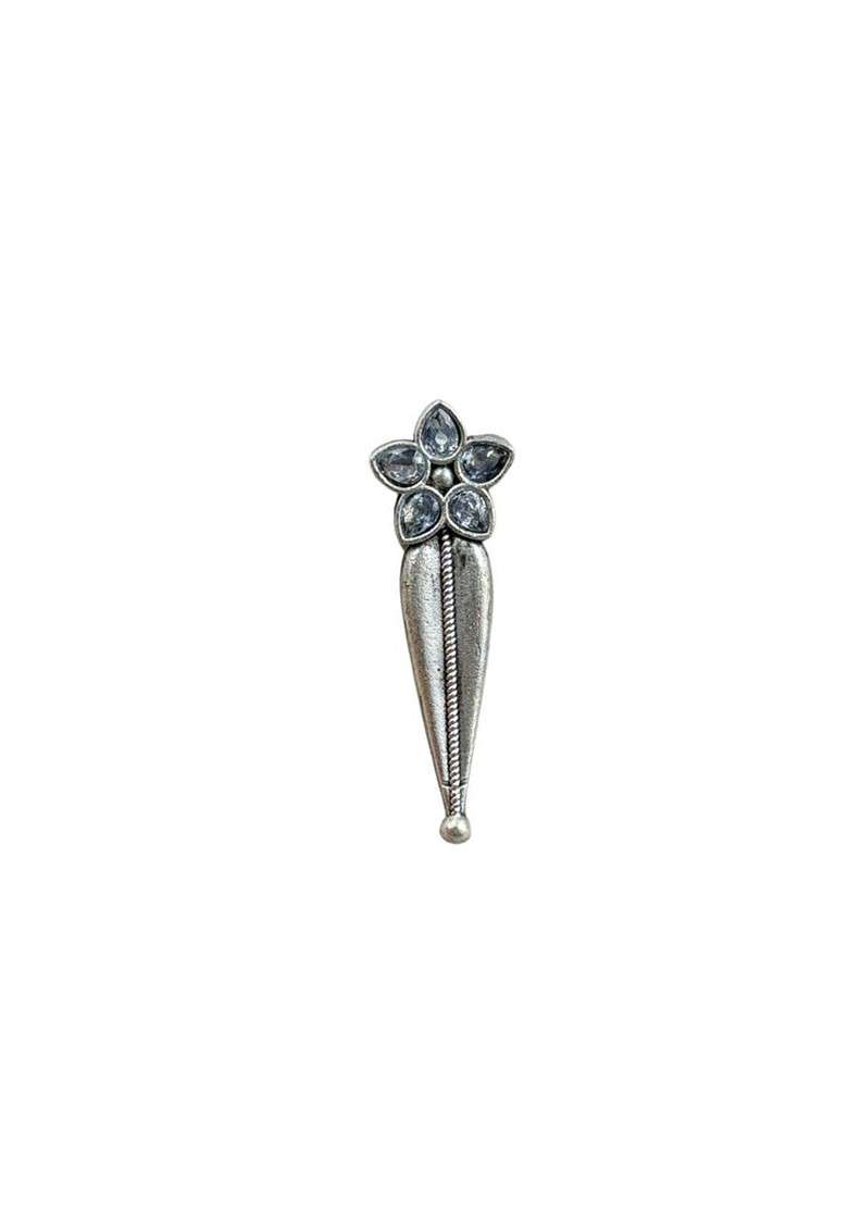 Silver Plated Stones Studded And Beaded Floral Shaped Oxidised Drop Earrings - Indya