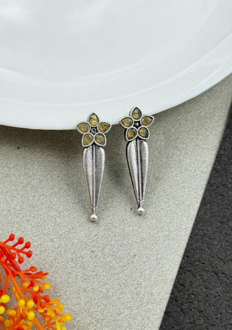 Silver Plated Stones Studded And Beaded Floral Shaped Oxidised Drop Earrings