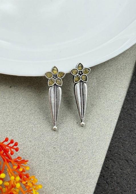 Silver Plated Stones Studded And Beaded Floral Shaped Oxidised Drop Earrings