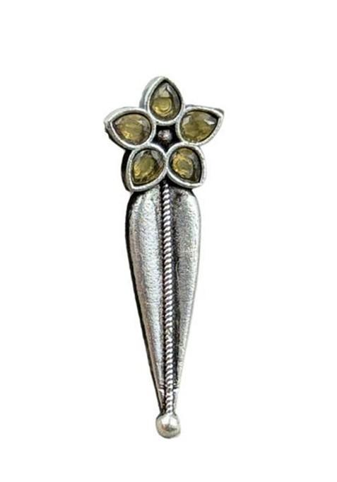 Silver Plated Stones Studded And Beaded Floral Shaped Oxidised Drop Earrings