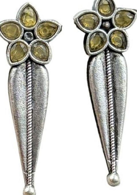 Silver Plated Stones Studded And Beaded Floral Shaped Oxidised Drop Earrings