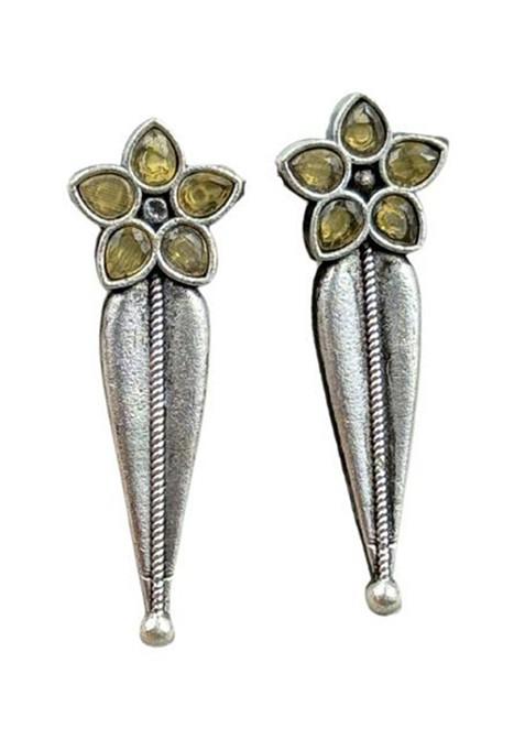 Silver Plated Stones Studded And Beaded Floral Shaped Oxidised Drop Earrings