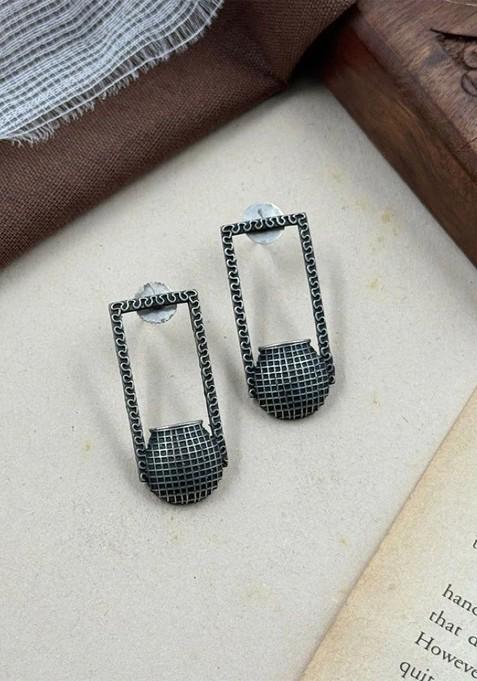 Silver Plated Oxidised Contemporary Shaped Drop Earrings
