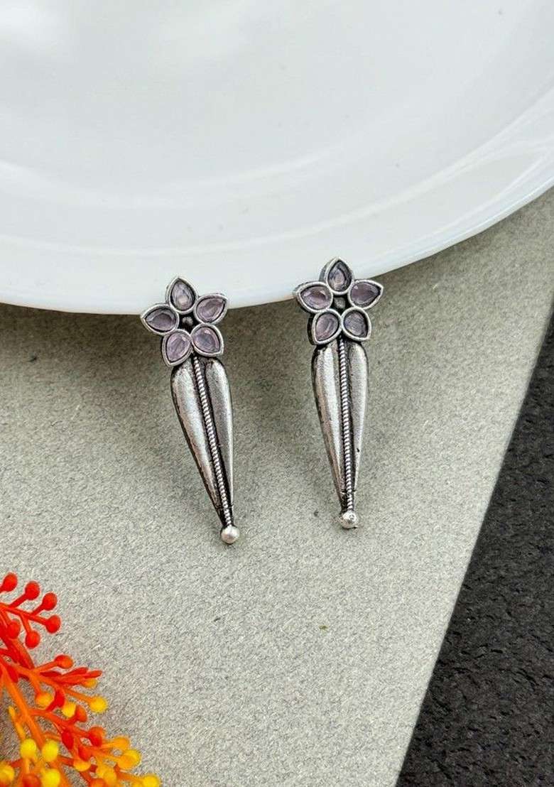 Silver Plated Stones Studded And Beaded Floral Shaped Oxidised Drop Earrings - Indya