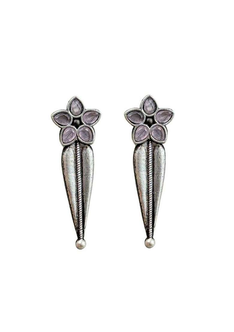 Silver Plated Stones Studded And Beaded Floral Shaped Oxidised Drop Earrings - Indya