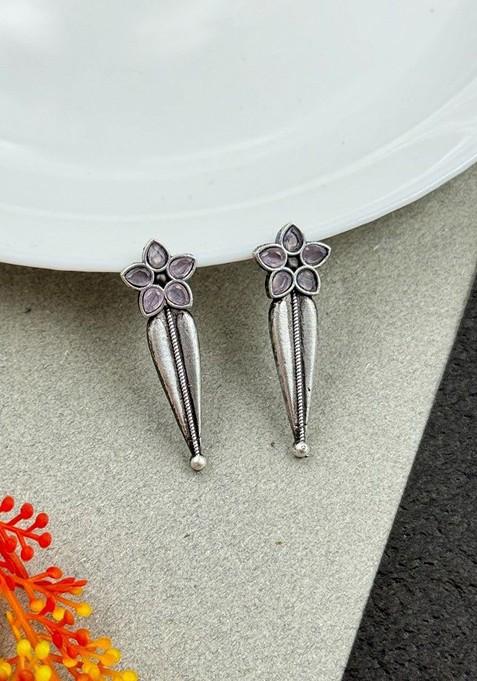 Silver Plated Stones Studded And Beaded Floral Shaped Oxidised Drop Earrings