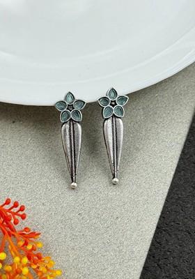 Silver Plated Artificial Stones Studded Floral Shaped Oxidised Drop Earrings